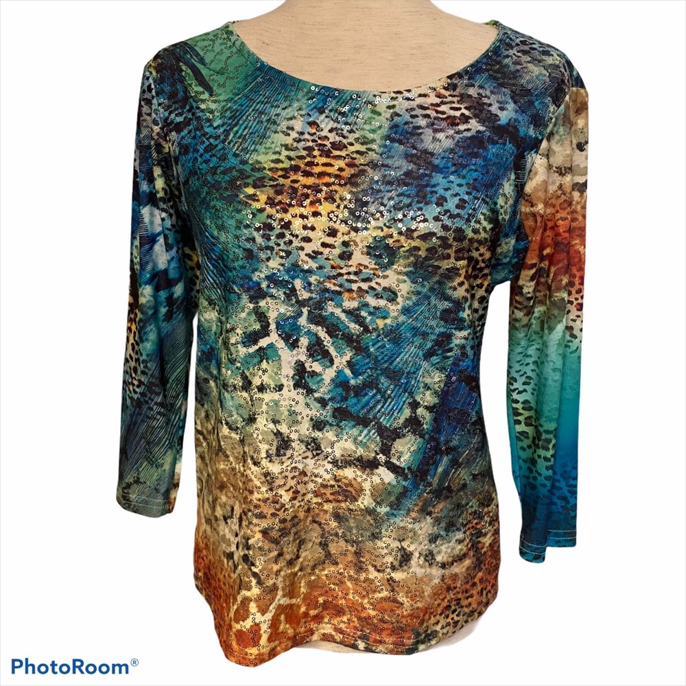 IMPULSE CALIFORNIA TOP TEE BLUE BROWN ANIMAL PRINT SEQUIN Size PS PETITE